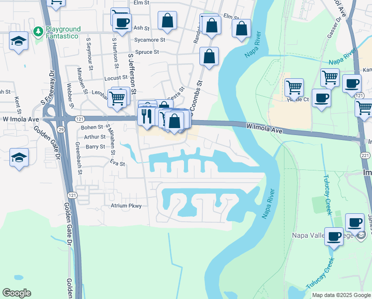 map of restaurants, bars, coffee shops, grocery stores, and more near 641 Cabot Court in Napa
