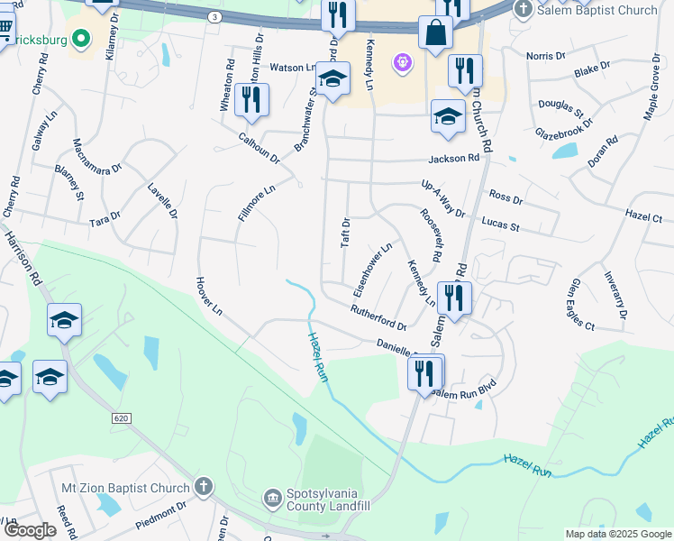 map of restaurants, bars, coffee shops, grocery stores, and more near 11802 Taft Drive in Fredericksburg
