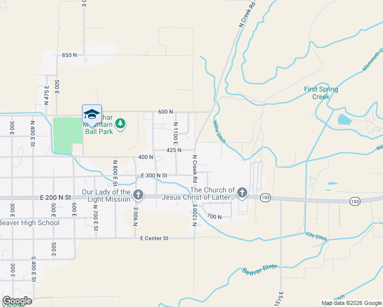 map of restaurants, bars, coffee shops, grocery stores, and more near 405 North 1200 East in Beaver