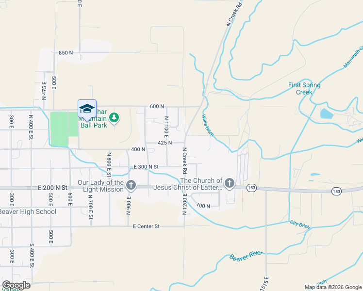 map of restaurants, bars, coffee shops, grocery stores, and more near 405 North 1200 East in Beaver