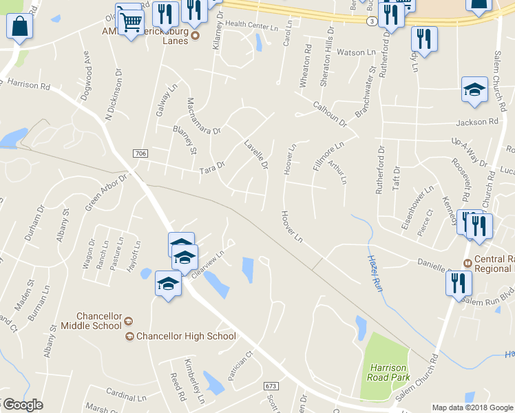 map of restaurants, bars, coffee shops, grocery stores, and more near 5077 Lavelle Drive in Fredericksburg