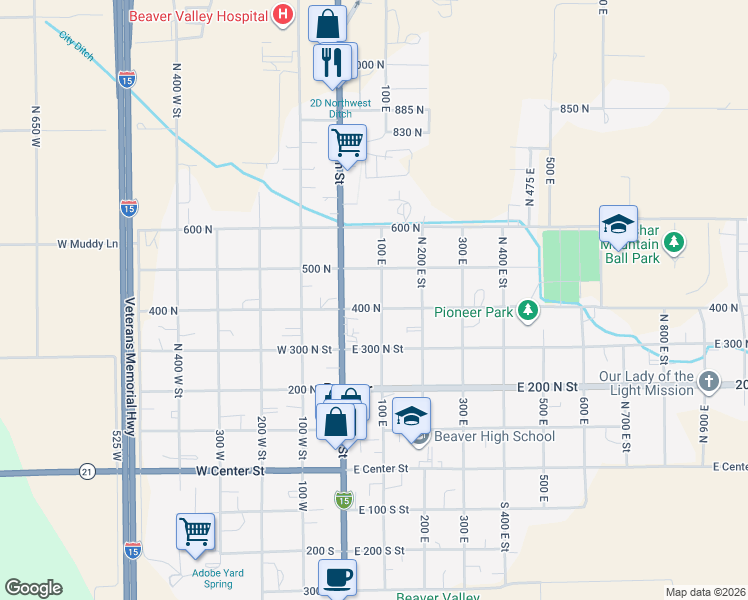 map of restaurants, bars, coffee shops, grocery stores, and more near 400-498 North 100 East Street in Beaver
