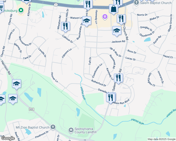 map of restaurants, bars, coffee shops, grocery stores, and more near 11802 Taft Drive in Fredericksburg