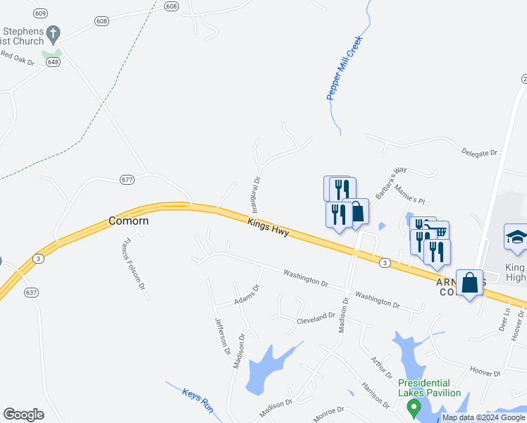 map of restaurants, bars, coffee shops, grocery stores, and more near 9489 Inaugural Drive in King George