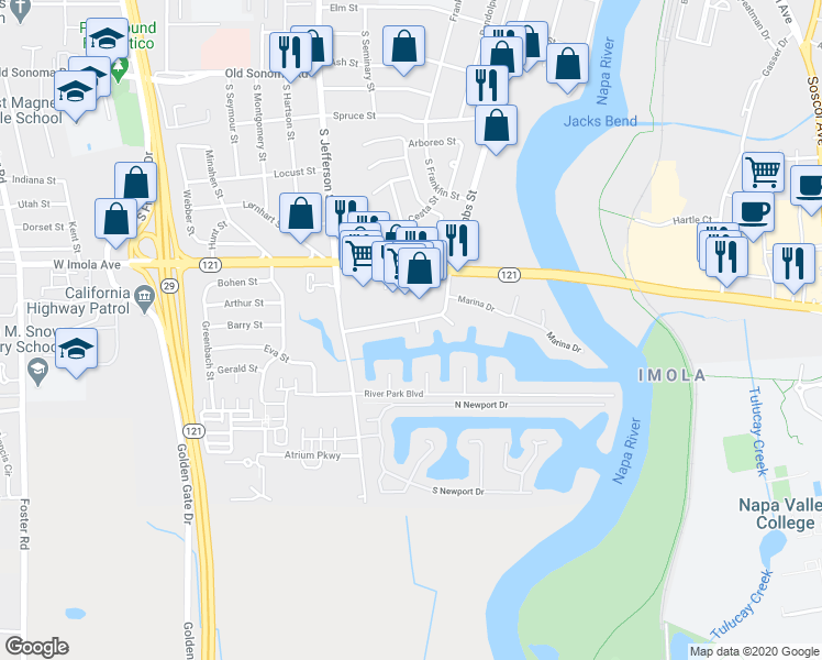 map of restaurants, bars, coffee shops, grocery stores, and more near 671 Cabot Way in Napa