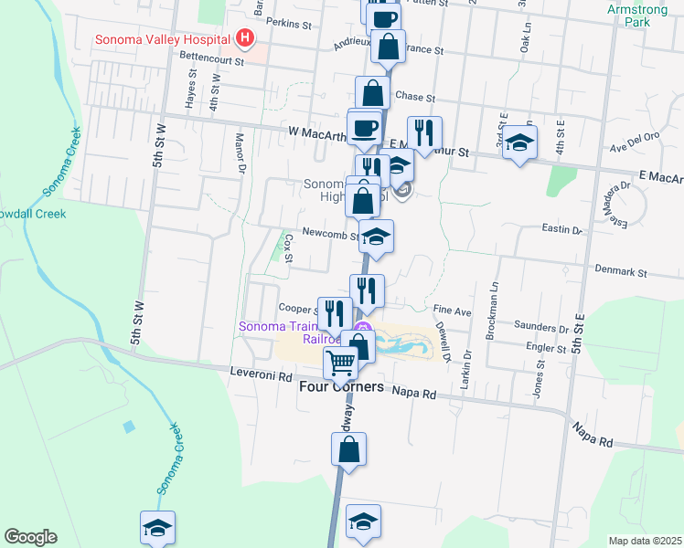 map of restaurants, bars, coffee shops, grocery stores, and more near 1175 Beasley Way in Sonoma