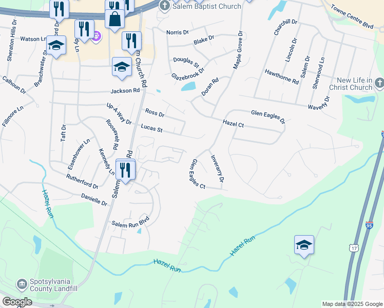 map of restaurants, bars, coffee shops, grocery stores, and more near 11603 Spyglass Road in Fredericksburg