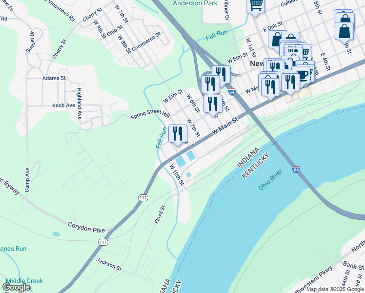 map of restaurants, bars, coffee shops, grocery stores, and more near 800 West Main Street in New Albany