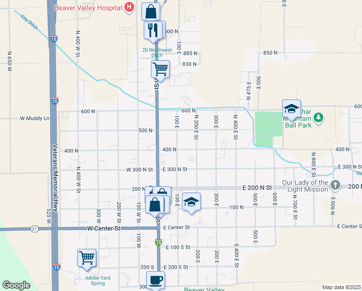 map of restaurants, bars, coffee shops, grocery stores, and more near 115 400 North in Beaver