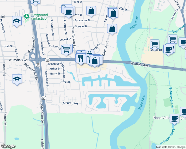 map of restaurants, bars, coffee shops, grocery stores, and more near 671 Cabot Way in Napa