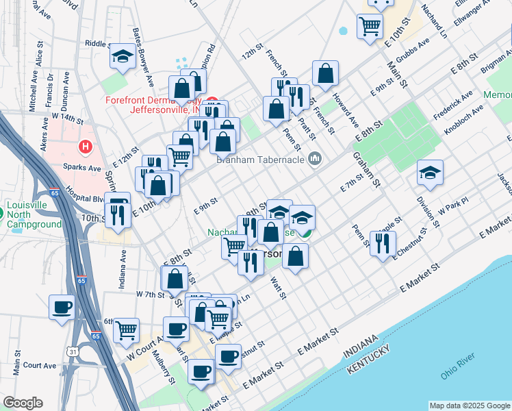 map of restaurants, bars, coffee shops, grocery stores, and more near 815 Meigs Avenue in Jeffersonville