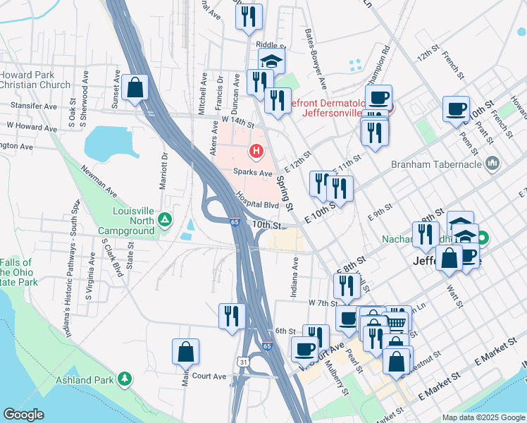 map of restaurants, bars, coffee shops, grocery stores, and more near 101 Hospital Boulevard in Jeffersonville