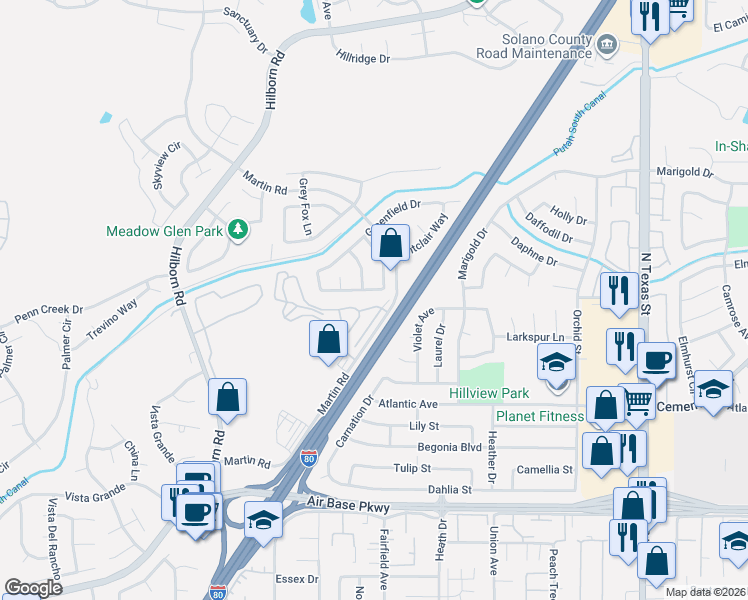 map of restaurants, bars, coffee shops, grocery stores, and more near 89 Goya Drive in Fairfield
