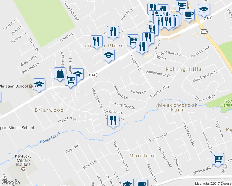 map of restaurants, bars, coffee shops, grocery stores, and more near 9104 Tangley Lane in Louisville