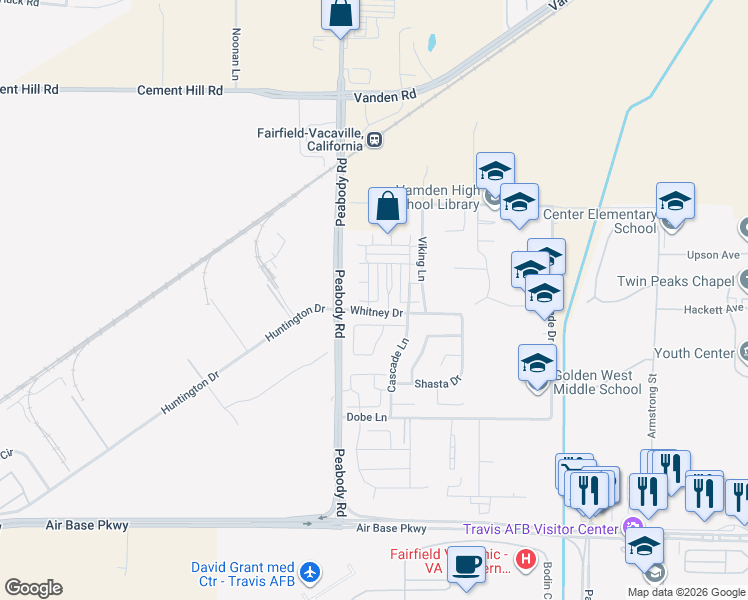 map of restaurants, bars, coffee shops, grocery stores, and more near 3001 Puffin Circle in Fairfield