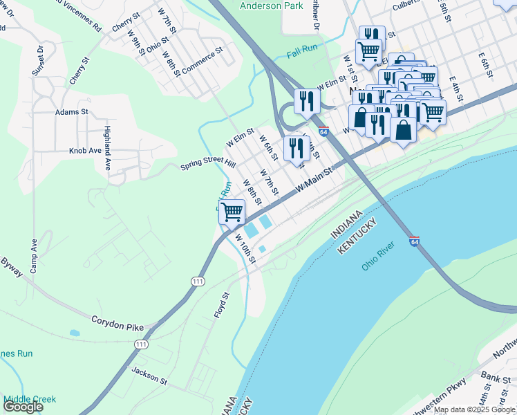 map of restaurants, bars, coffee shops, grocery stores, and more near 800 West Main Street in New Albany