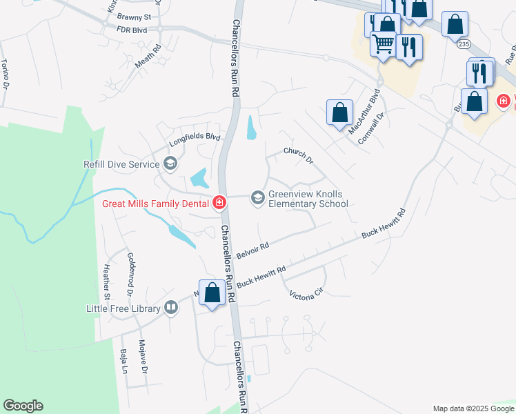 map of restaurants, bars, coffee shops, grocery stores, and more near 45711 Military Lane in Great Mills