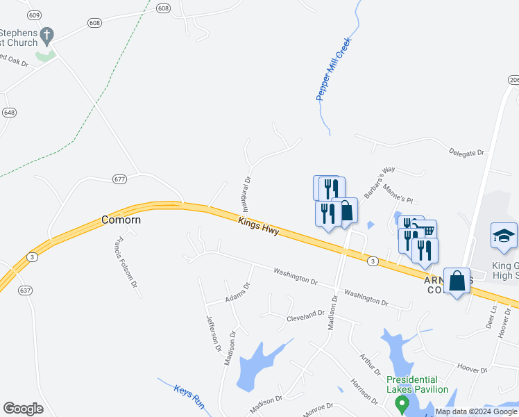 map of restaurants, bars, coffee shops, grocery stores, and more near 9477 Inaugural Drive in King George