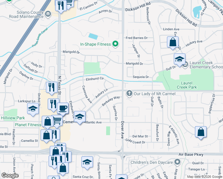 map of restaurants, bars, coffee shops, grocery stores, and more near 627 Asbury Lane in Fairfield