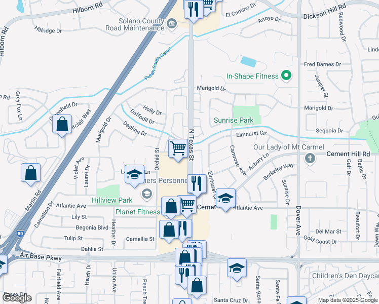 map of restaurants, bars, coffee shops, grocery stores, and more near North Texas Street & Hawthorn Drive in Fairfield