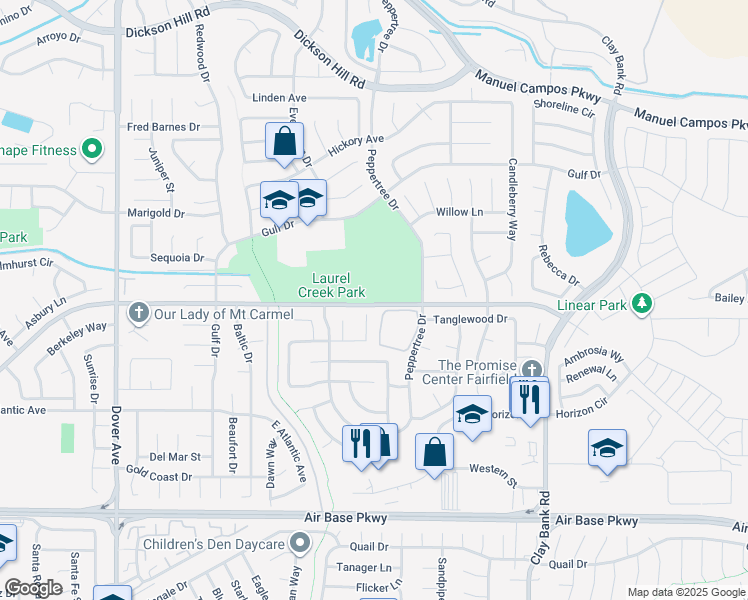 map of restaurants, bars, coffee shops, grocery stores, and more near 1050 Cement Hill Road in Fairfield