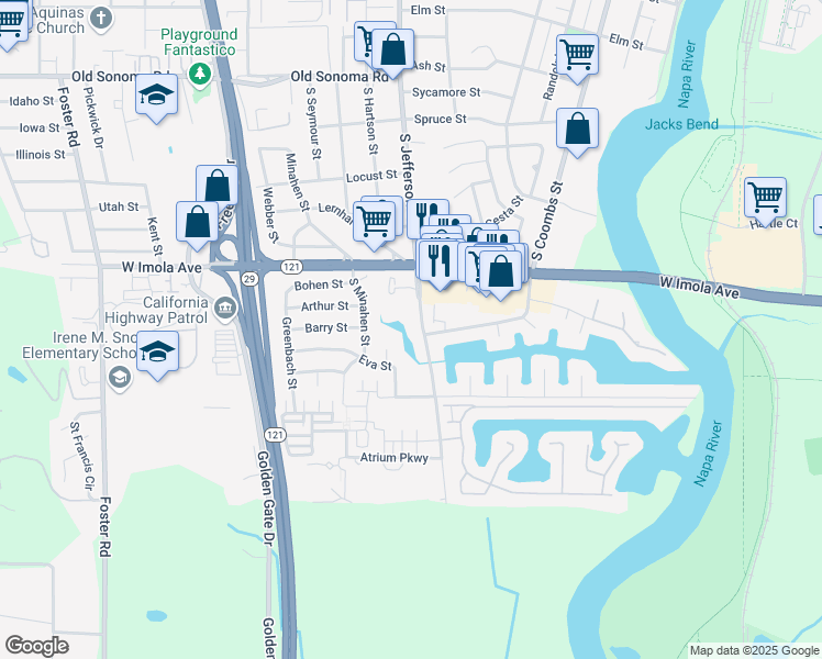 map of restaurants, bars, coffee shops, grocery stores, and more near 701 South Jefferson Street in Napa
