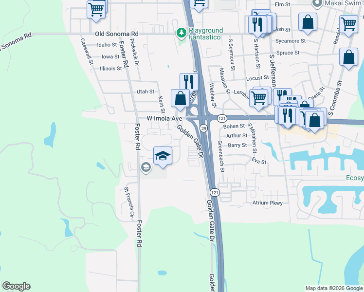 map of restaurants, bars, coffee shops, grocery stores, and more near 18 Golden Gate Circle in Napa