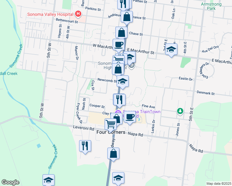 map of restaurants, bars, coffee shops, grocery stores, and more near 1177 Broadway in Sonoma