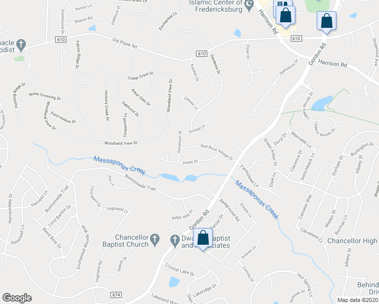 map of restaurants, bars, coffee shops, grocery stores, and more near 6828 Red Rose Village Drive in Fredericksburg