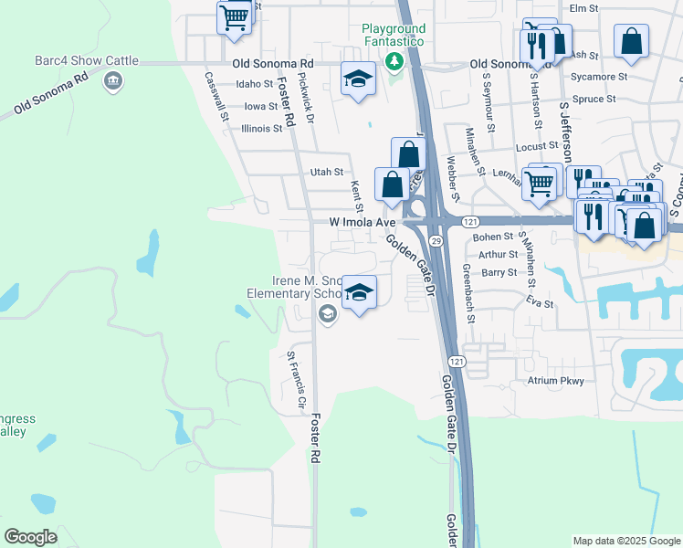 map of restaurants, bars, coffee shops, grocery stores, and more near 50 Village Parkway in Napa