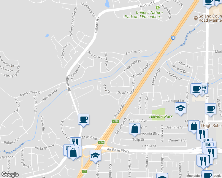 map of restaurants, bars, coffee shops, grocery stores, and more near 2189 Cedarbrook Drive in Fairfield