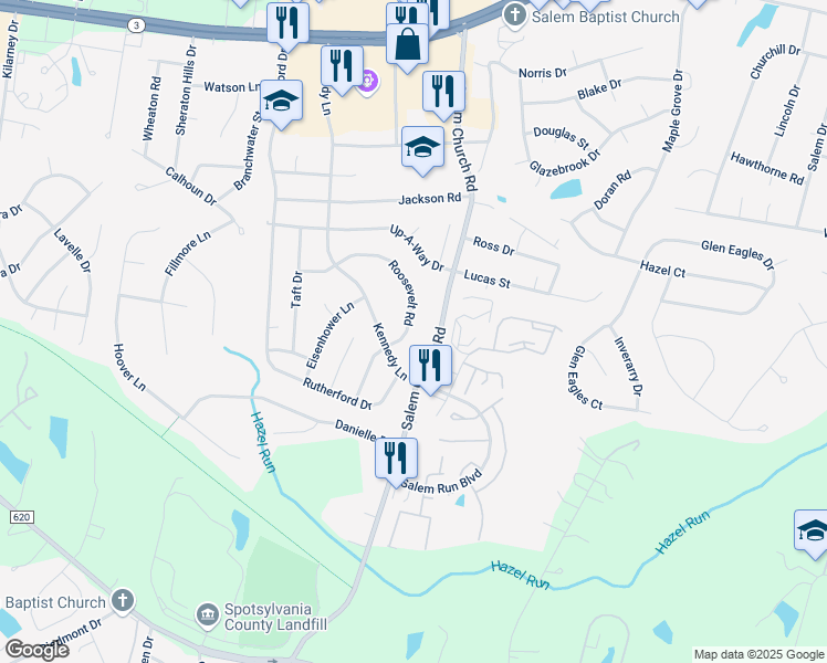 map of restaurants, bars, coffee shops, grocery stores, and more near 11723 Roosevelt Road in Fredericksburg