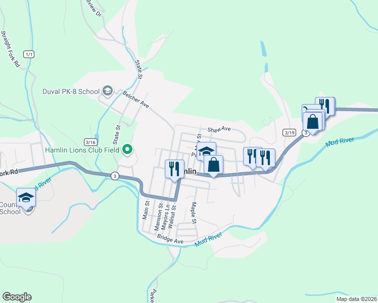 map of restaurants, bars, coffee shops, grocery stores, and more near 8104 Park Ave in Hamlin