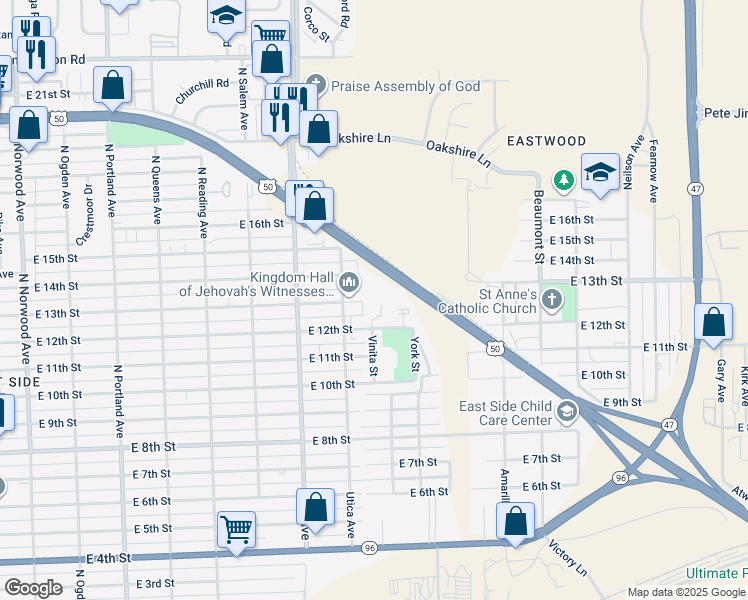 map of restaurants, bars, coffee shops, grocery stores, and more near 2207 East 12th Street in Pueblo