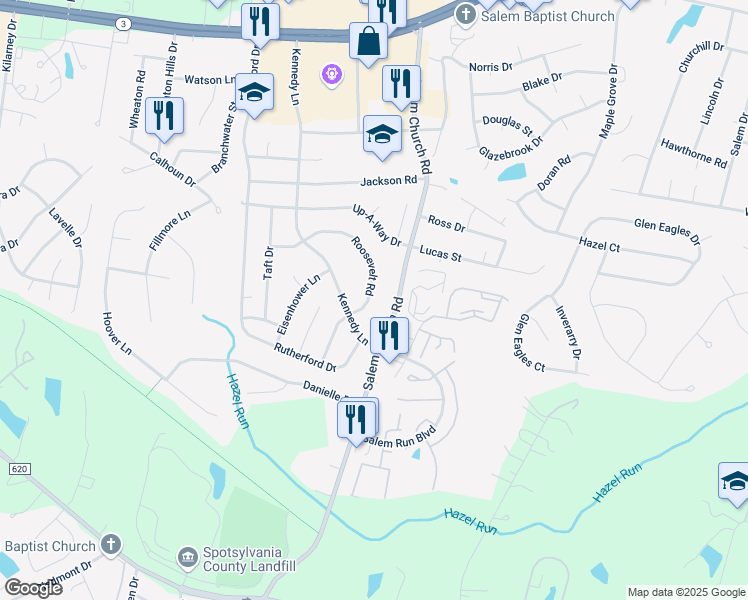 map of restaurants, bars, coffee shops, grocery stores, and more near 11723 Roosevelt Road in Fredericksburg