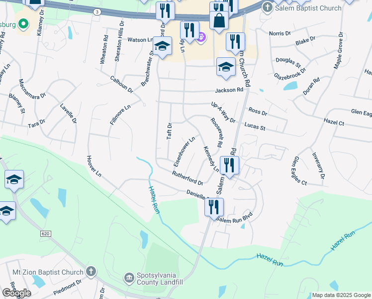 map of restaurants, bars, coffee shops, grocery stores, and more near 11715 Eisenhower Lane in Fredericksburg