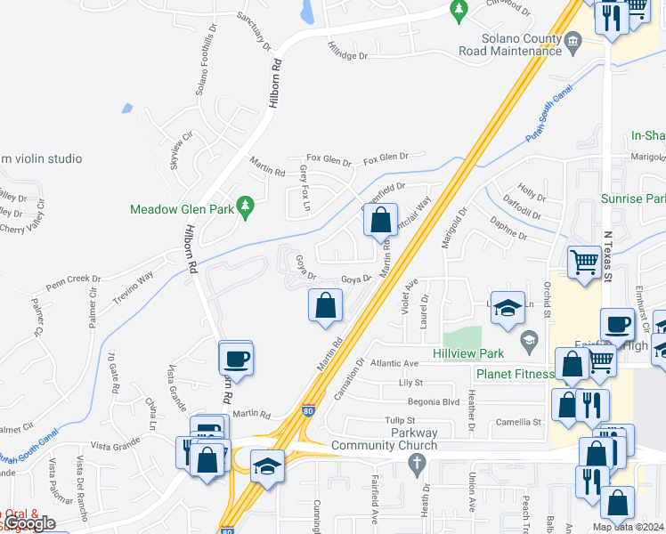 map of restaurants, bars, coffee shops, grocery stores, and more near 2173 Cedarbrook Drive in Fairfield