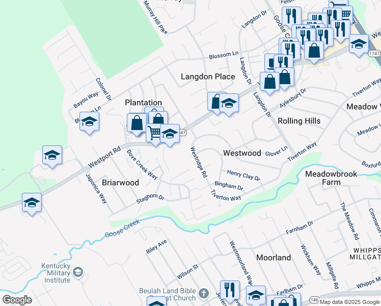 map of restaurants, bars, coffee shops, grocery stores, and more near 8919 Cardiff Road in Louisville