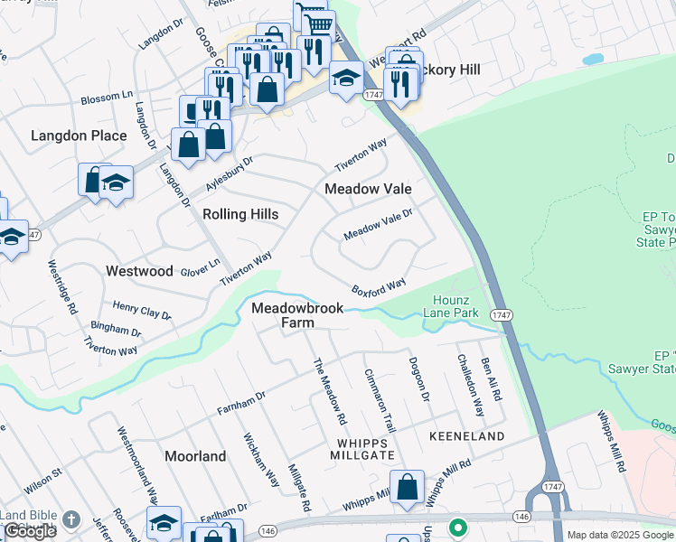 map of restaurants, bars, coffee shops, grocery stores, and more near 9711 Boxford Way in Louisville