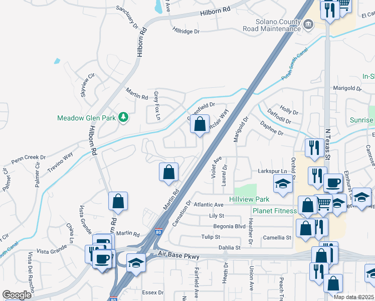 map of restaurants, bars, coffee shops, grocery stores, and more near 2133 Cedarbrook Dr in Fairfield
