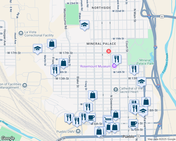 map of restaurants, bars, coffee shops, grocery stores, and more near 723 West 14th Street in Pueblo