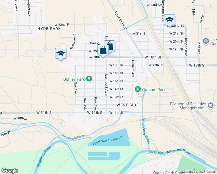map of restaurants, bars, coffee shops, grocery stores, and more near 2123 West 14th Street in Pueblo