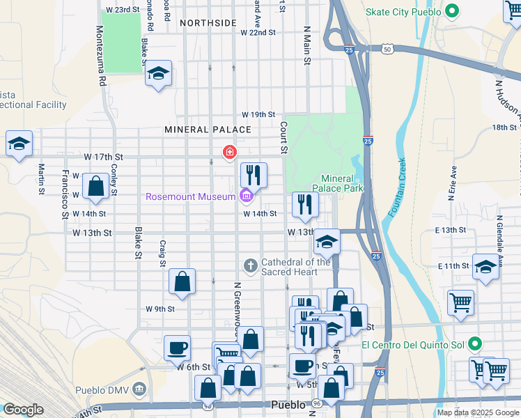 map of restaurants, bars, coffee shops, grocery stores, and more near 1425 North Grand Avenue in Pueblo