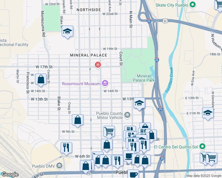 map of restaurants, bars, coffee shops, grocery stores, and more near 1425 North Grand Avenue in Pueblo