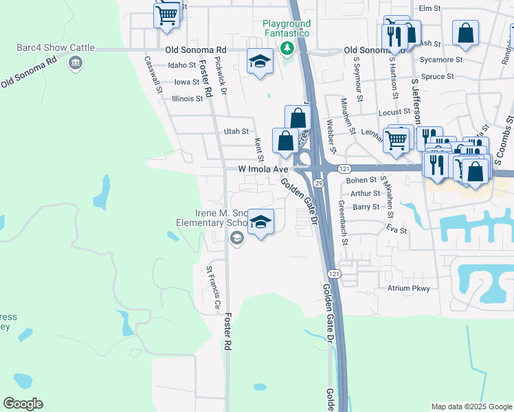 map of restaurants, bars, coffee shops, grocery stores, and more near 50 Village Parkway in Napa