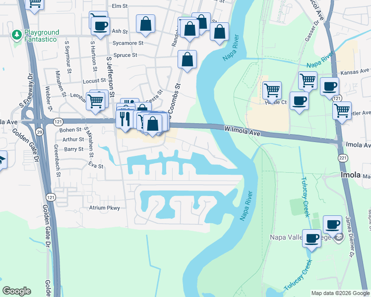 map of restaurants, bars, coffee shops, grocery stores, and more near 1095 Marina Drive in Napa