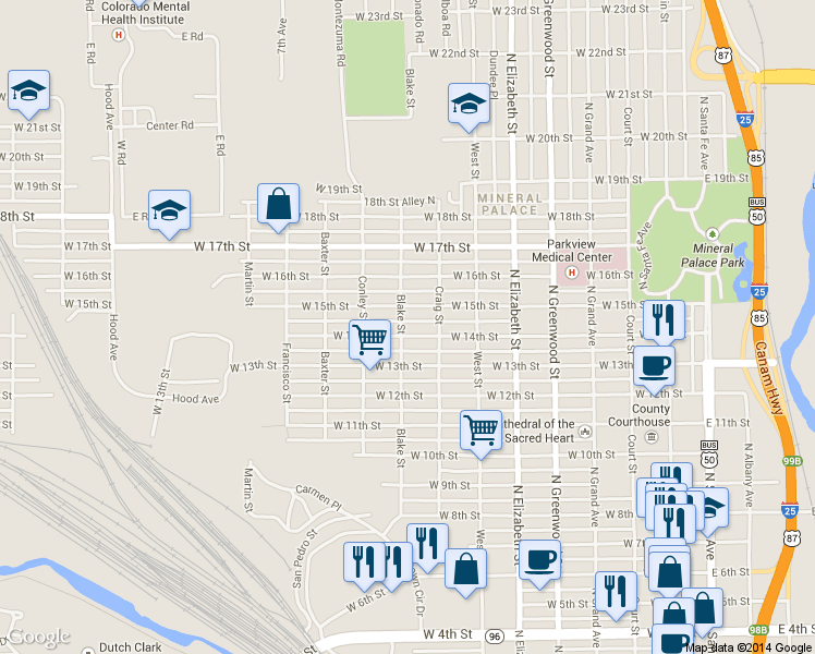 map of restaurants, bars, coffee shops, grocery stores, and more near 825 W 14th St in Pueblo