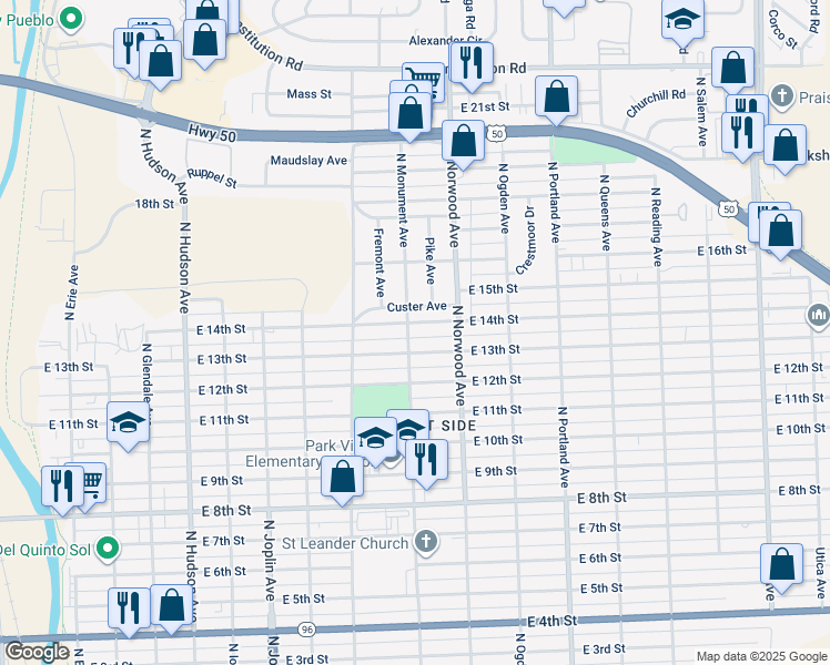 map of restaurants, bars, coffee shops, grocery stores, and more near 1424 East 14th Street in Pueblo