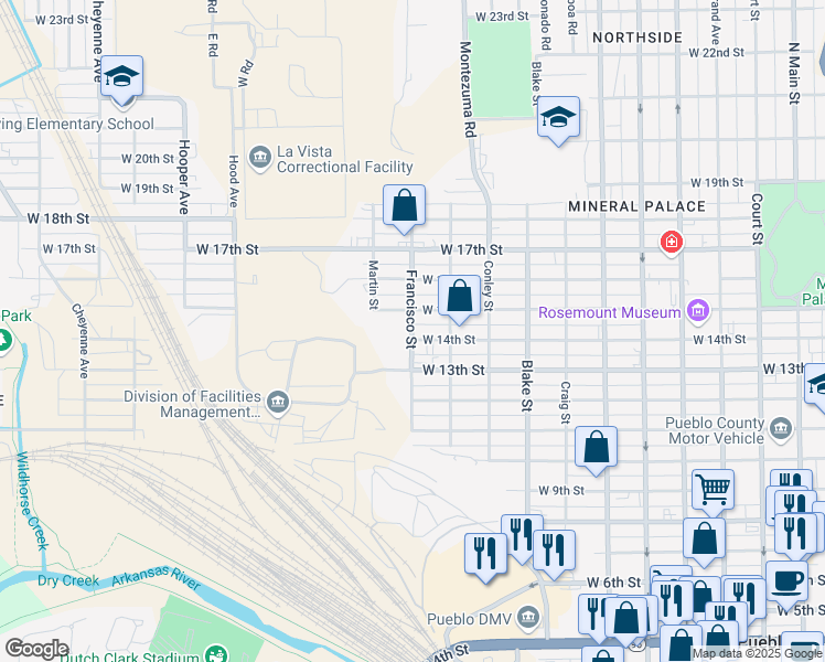 map of restaurants, bars, coffee shops, grocery stores, and more near 1131 West 14th Street in Pueblo