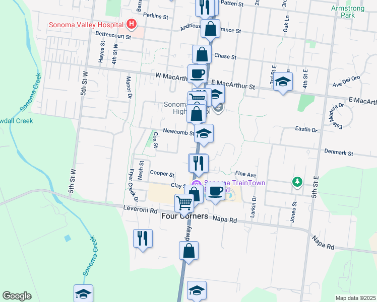 map of restaurants, bars, coffee shops, grocery stores, and more near 1177 Broadway in Sonoma